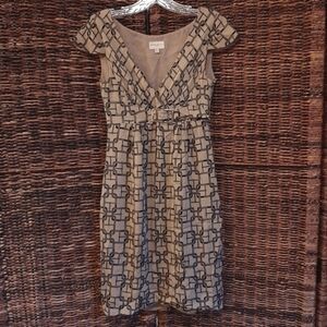 Karen Millen England Dress Women's 4 Tan Silk Buckle Print Shift Work Old Money